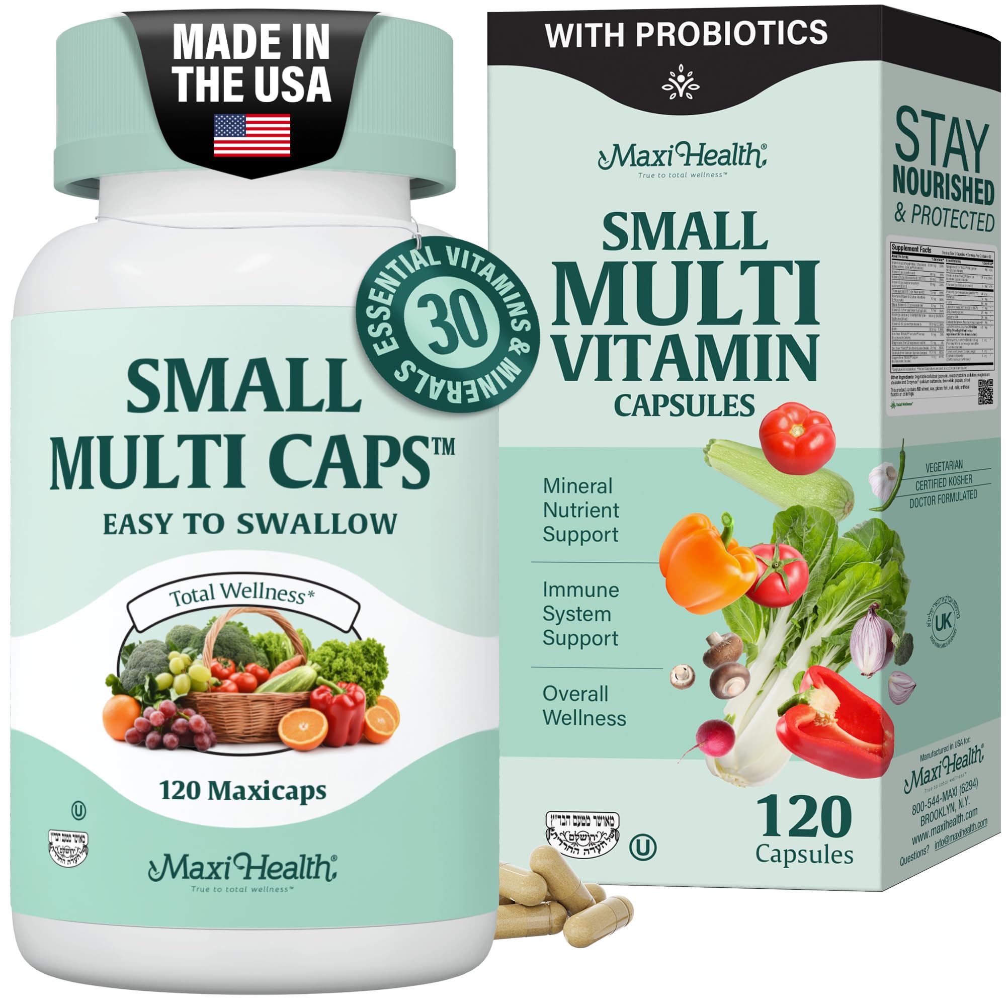 Maxi Health Multivitamin two mini capsules showing easy daily nutrition