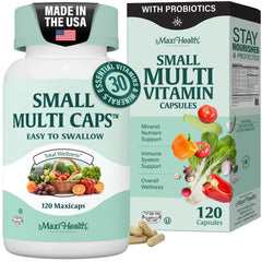 Maxi Health Multivitamin two mini capsules showing easy daily nutrition