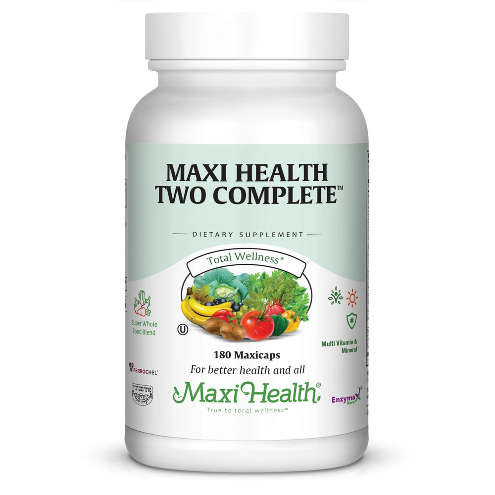 Maxi Health multivitamins bottle front promoting daily energy and wellness.