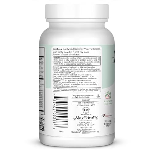 Label shows vegan and kosher certifications on Maxi Health vitamins.