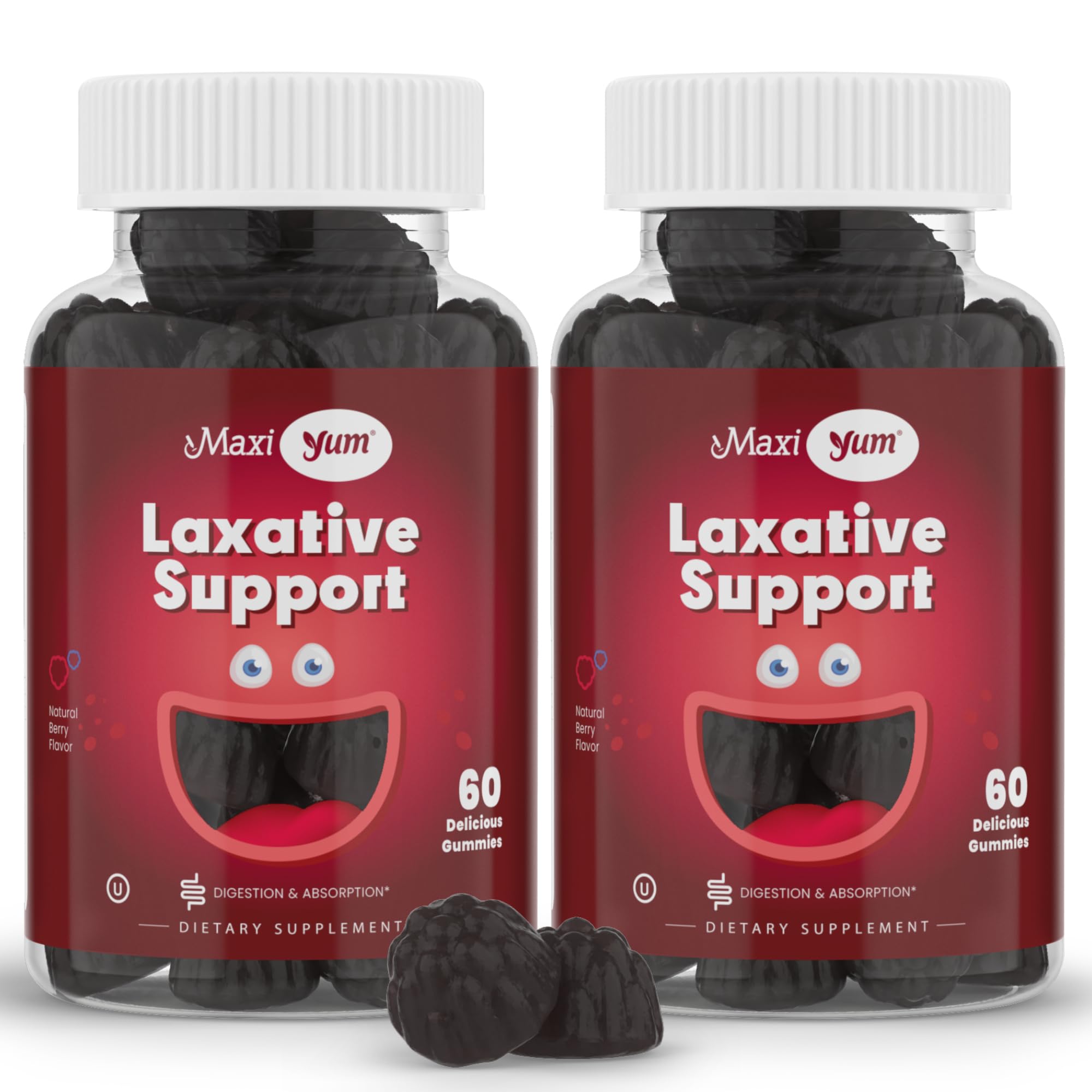 Maxi Health Natural Laxative Gummies bottle on countertop suggesting gentle overnight support