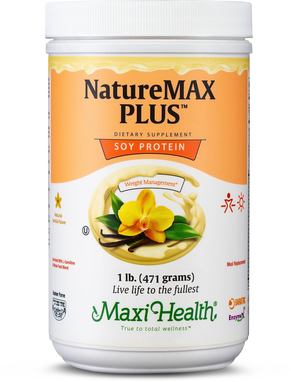 Maxi Health NatureMAX Plus energy replacement tub in vanilla flavor for quick protein-packed nutrition.