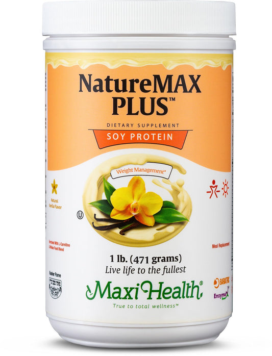 Maxi Health NatureMAX Plus energy replacement tub in vanilla flavor for quick protein-packed nutrition.
