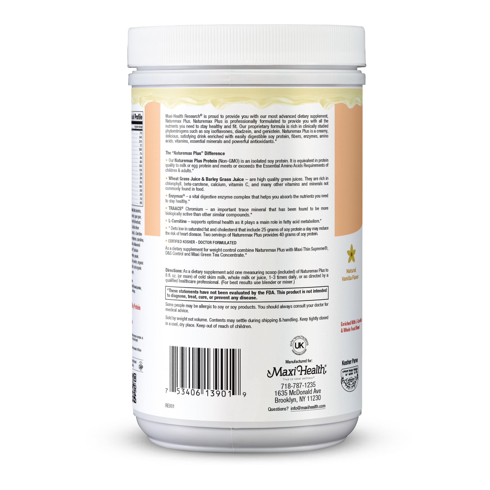 NatureMAX Plus ingredients panel highlighting soy protein and vitamins.