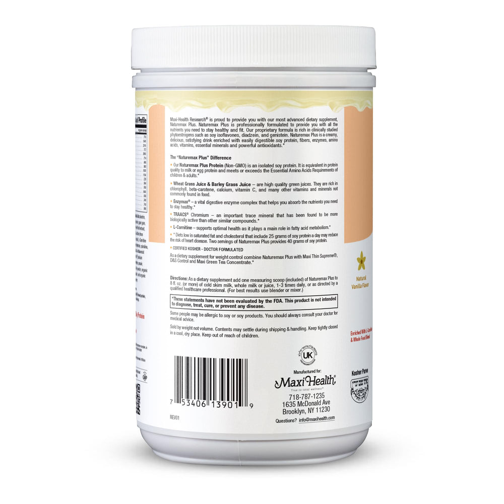NatureMAX Plus ingredients panel highlighting soy protein and vitamins.