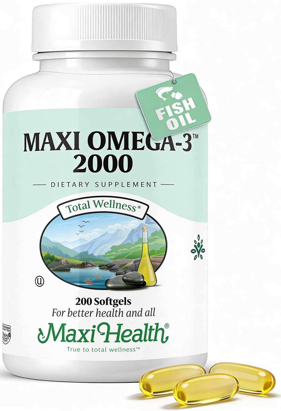 Maxi Health Omega-3 bottle label displays 2000 mg per capsule for potential heart and brain support.