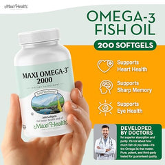 Closeup of Maxi Health Omega-3 softgels offering burp-free consumption.