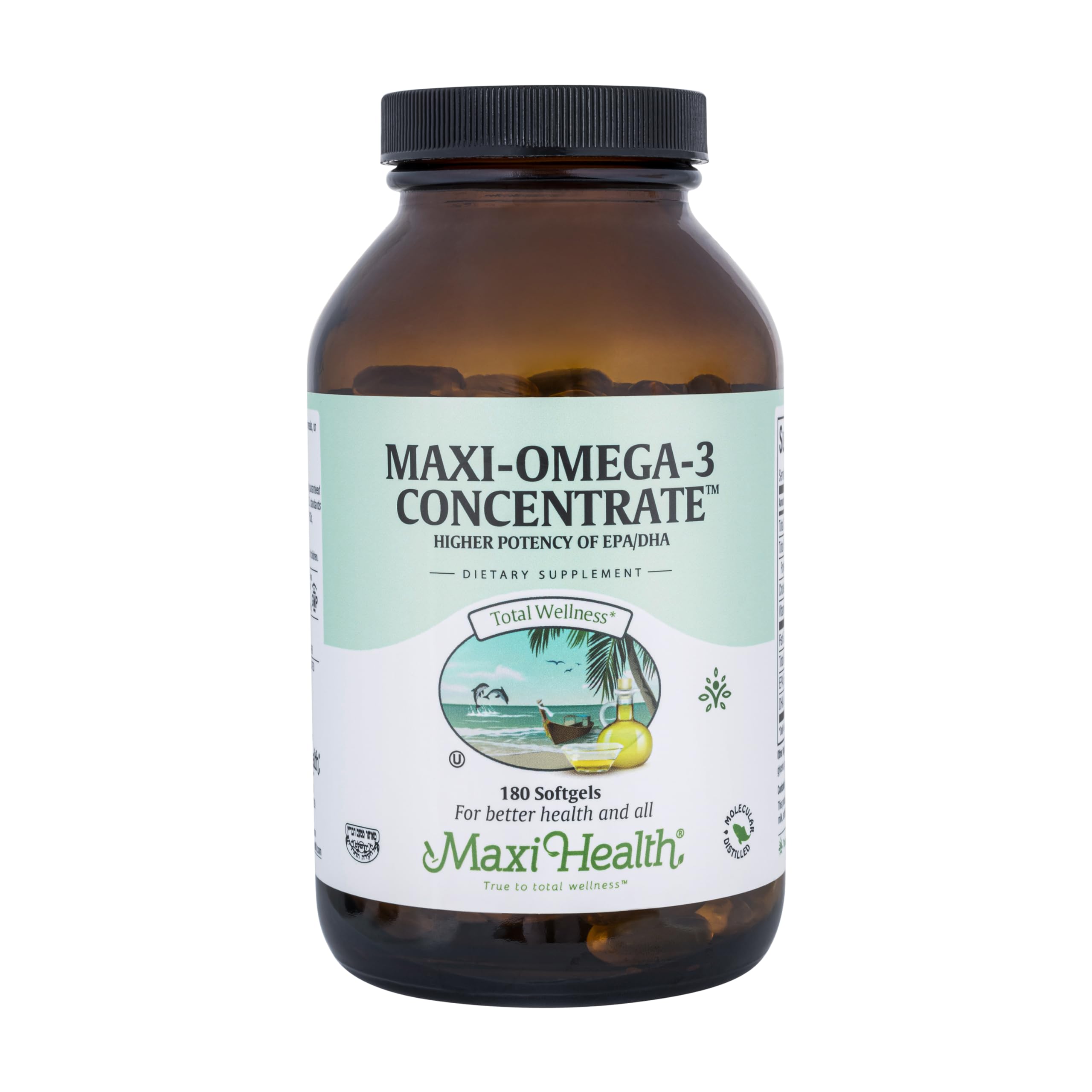 Maxi Health Omega-3 triple-strength softgels in bottle may support heart and brain wellness.