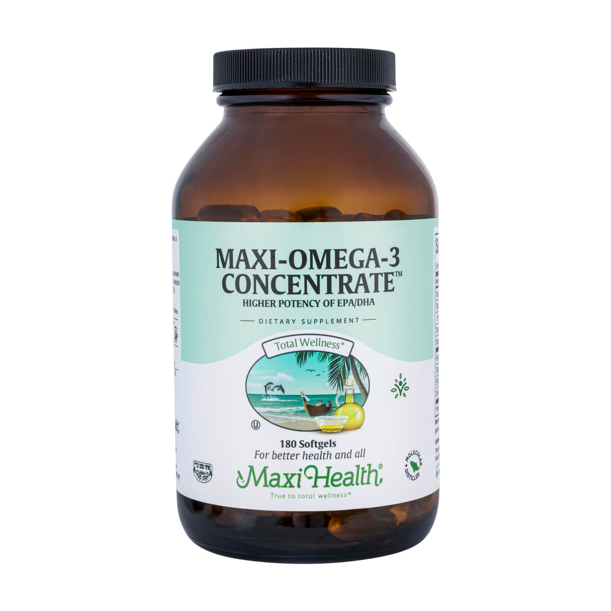 Maxi Health Omega-3 triple-strength softgels in bottle may support heart and brain wellness.