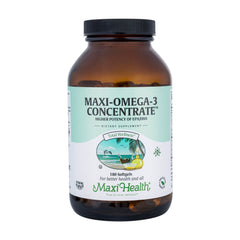 Maxi Health Omega-3 triple-strength softgels in bottle may support heart and brain wellness.