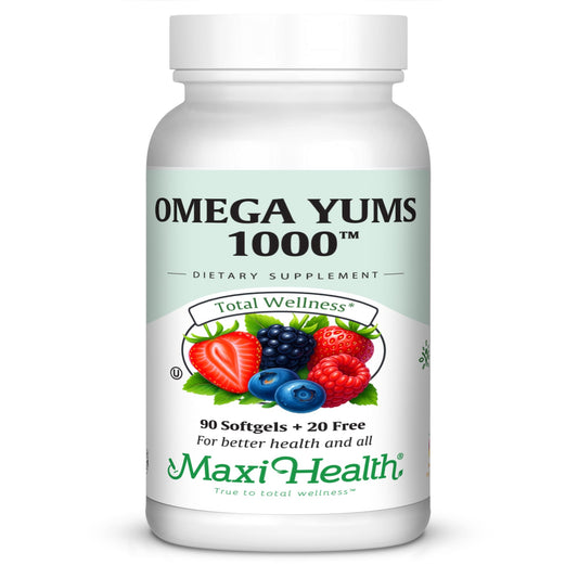 Maxi Health Omega Yums bottle front, kid-friendly packaging for daily omega-3 support.