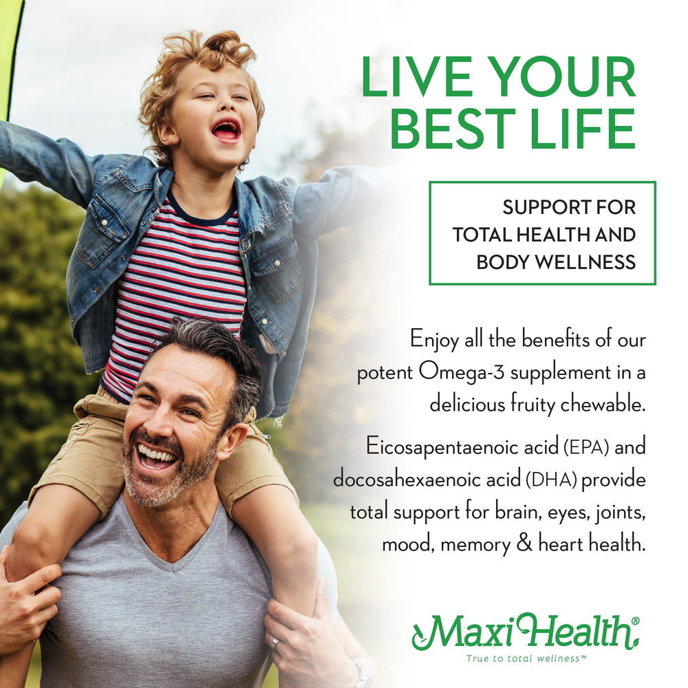 Maxi Health Omega Yums fruity-burst capsules close-up, chewable and tasty.