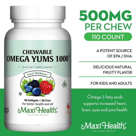 Maxi Health Omega Yums pour into hand showing easy-to-take Fruity Burst.