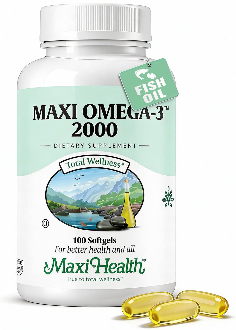 Maxi Health Omega 3 Triple Strength bottle shows 2000 mg per serving for cognitive and heart support