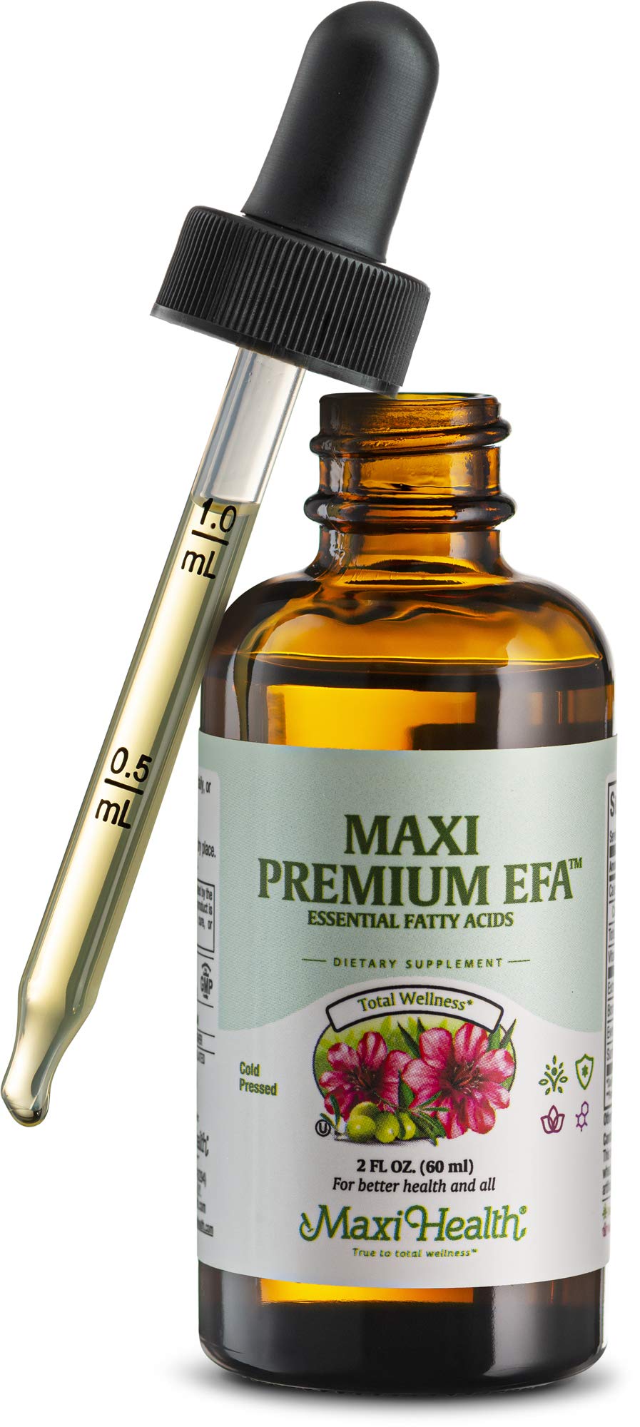 Maxi Health Premium EFA bottle label with gluten-free formula for sensitive diets.