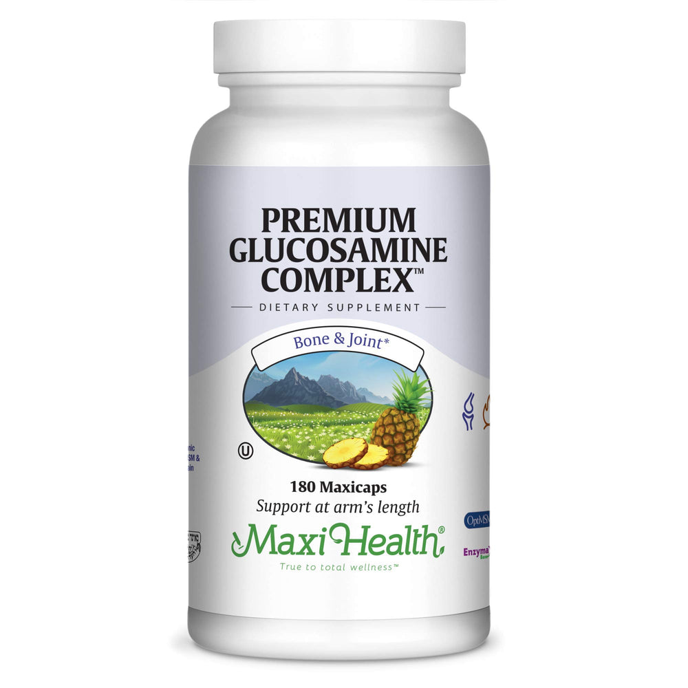 Maxi Health Premium Glucosamine Complex bottle promotes joint support and mobility.