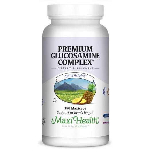 Maxi Health Premium Glucosamine Complex bottle promotes joint support and mobility.