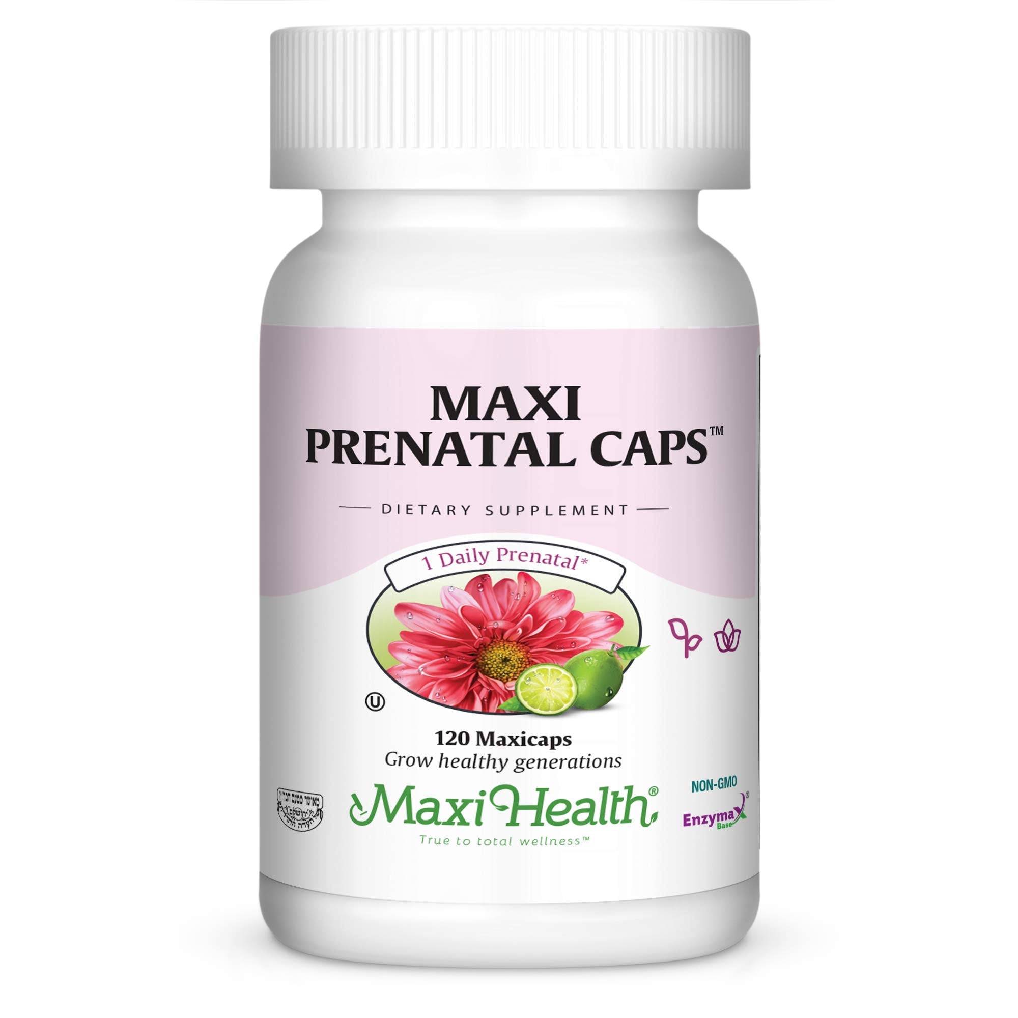 Maxi Health prenatal bottle front with capsules for daily pregnancy support.