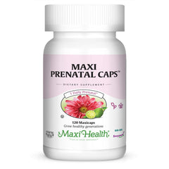 Maxi Health prenatal bottle front with capsules for daily pregnancy support.