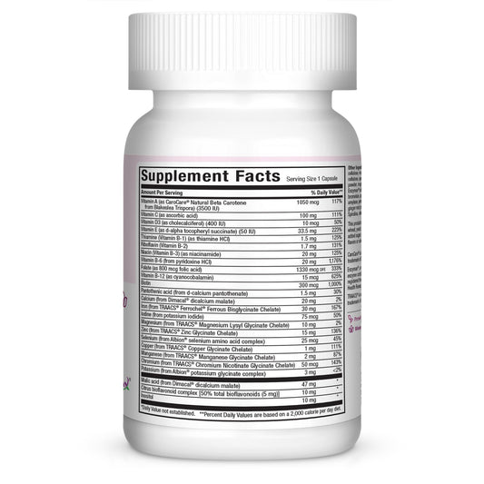 Maxi Health prenatal capsules close-up highlighting folate and iron ingredients.