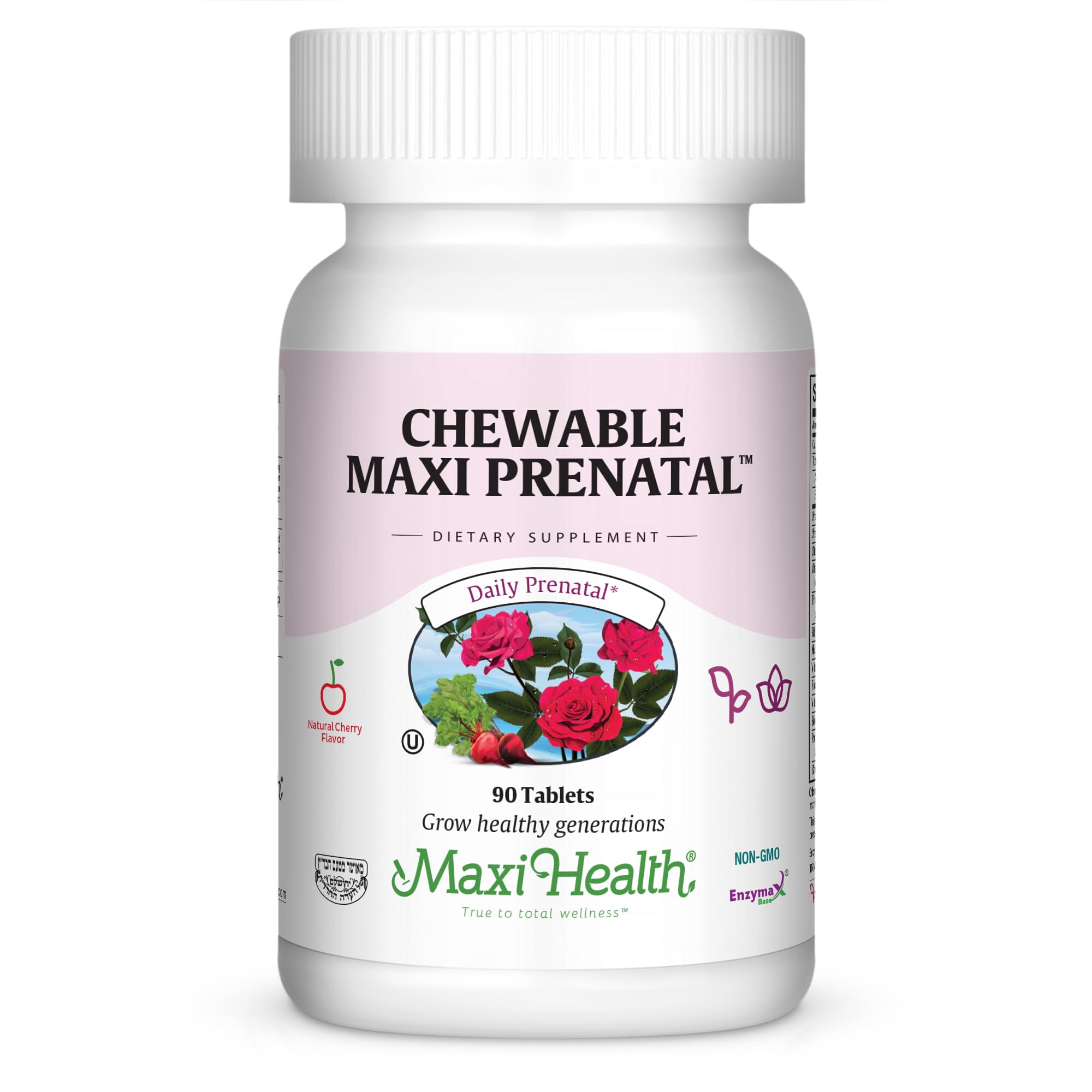 Maxi Health Prenatal chewable bottle front with cherry flavor and vitamin blend for pregnancy support