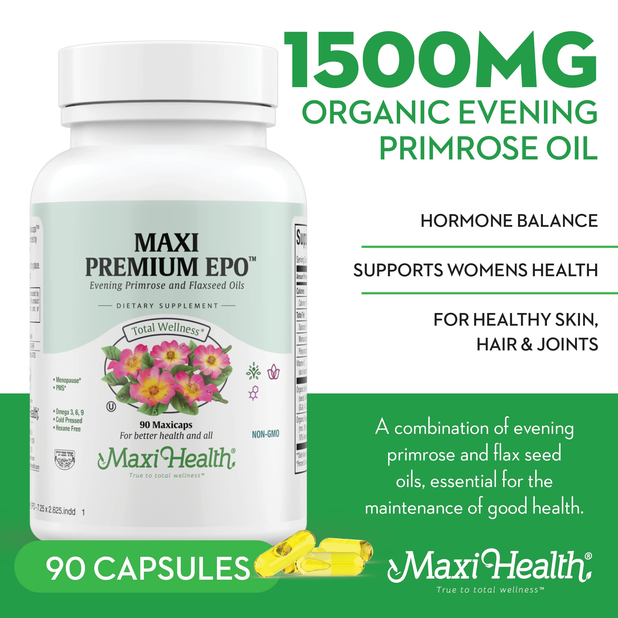 Maxi Health primrose oil capsules highlighting organic ingredients and fatty acids