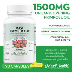 Maxi Health primrose oil capsules highlighting organic ingredients and fatty acids