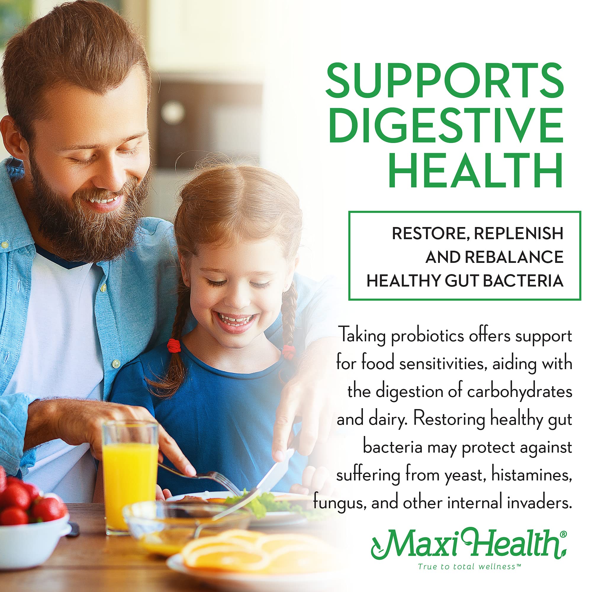 Maxi Health probiotic bottle front showing 30 billion cultures.