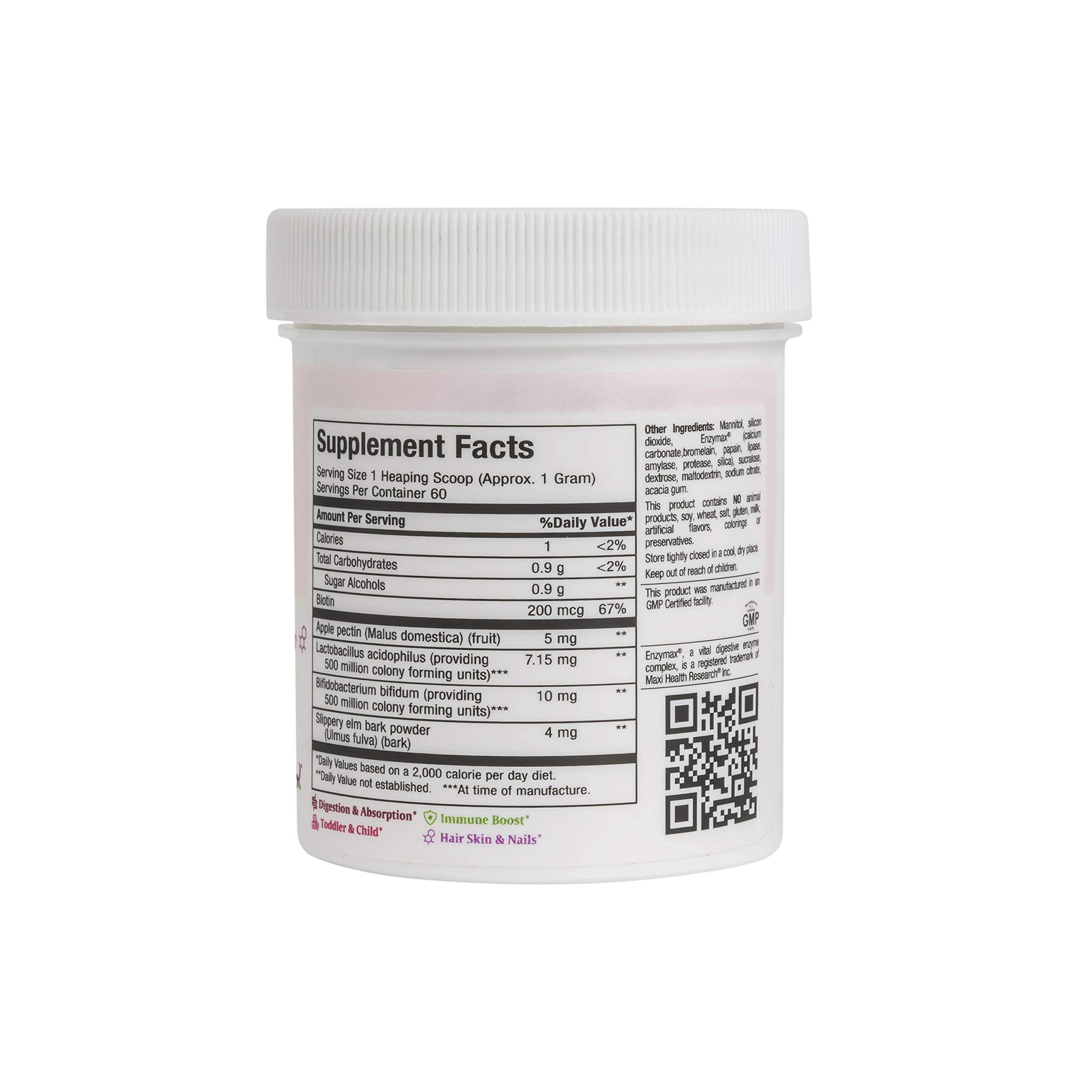 Maxi Health Probiotic Powder scoop dispensing makes mixing quick for kids and adults.