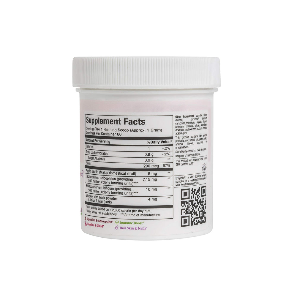 Maxi Health Probiotic Powder scoop dispensing makes mixing quick for kids and adults.