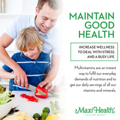 Maxi Health probiotic-enriched multivitamin image highlights digestive support