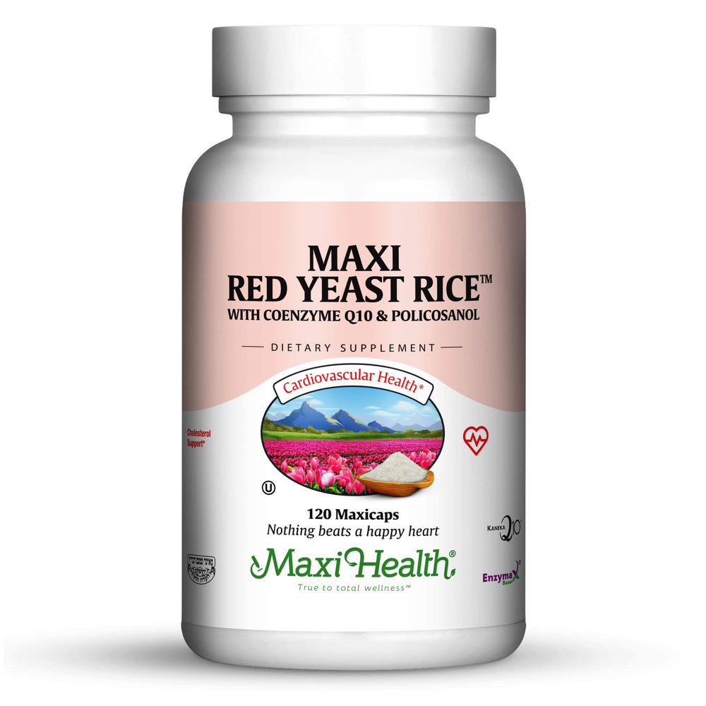 Maxi Health Red Yeast Rice 600mg bottle supports daily heart-conscious wellness.