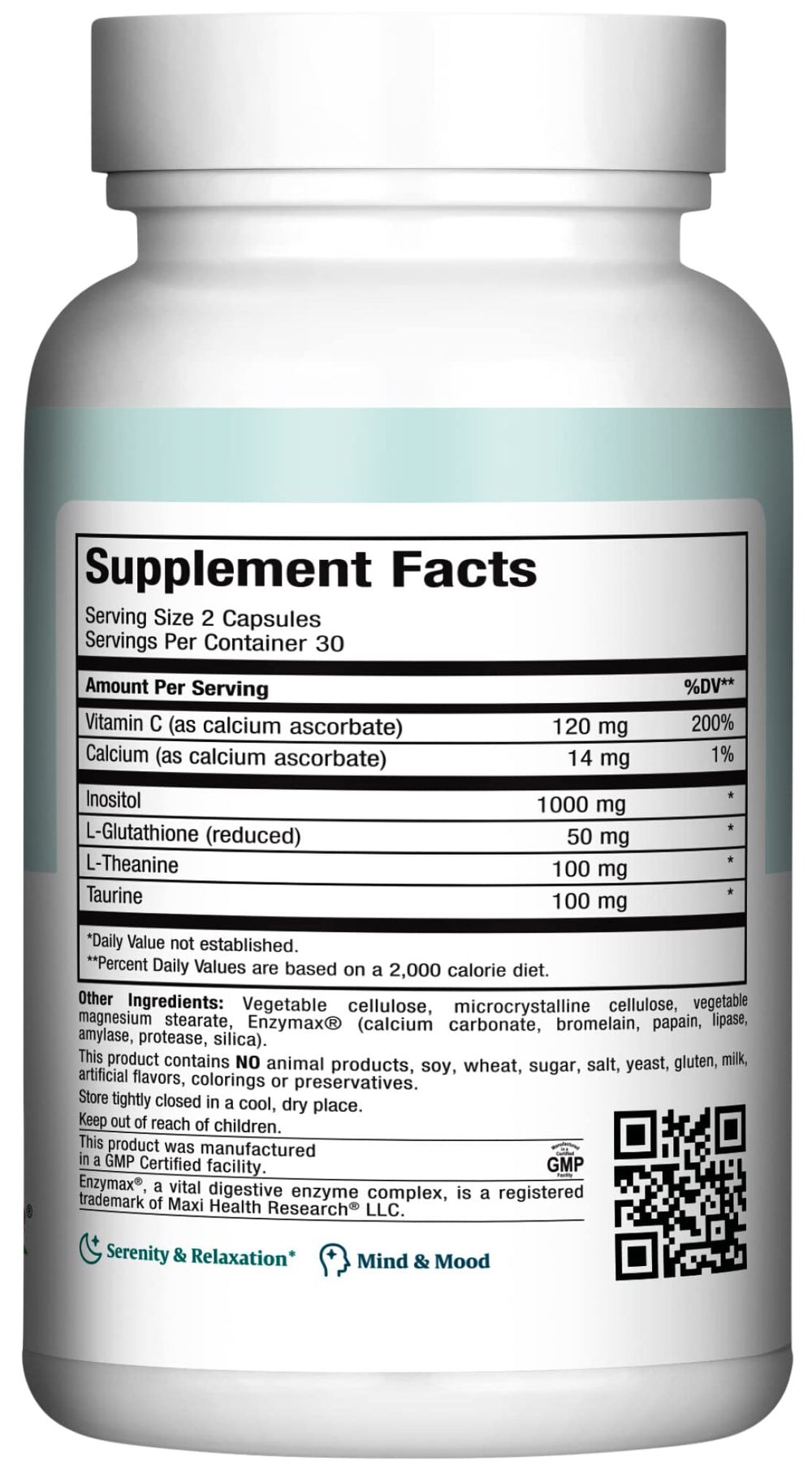 Maxi Health Relax to The Max bottle back view showing ingredients for stress support.