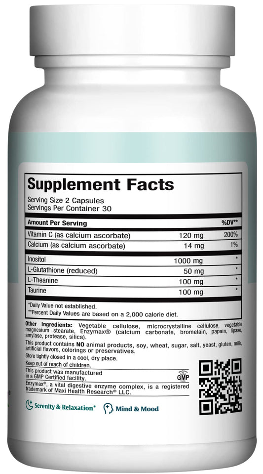 Maxi Health Relax to The Max bottle back view showing ingredients for stress support.