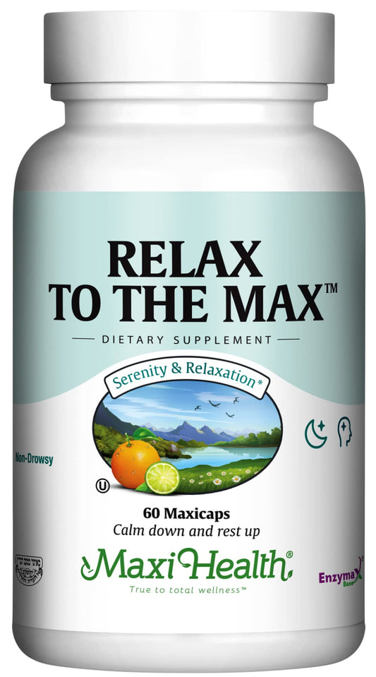 Maxi Health Relax to The Max bottle front view for calming support.
