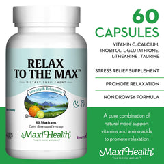 Close-up of Maxi Health Relax to The Max capsules for daily calm use.
