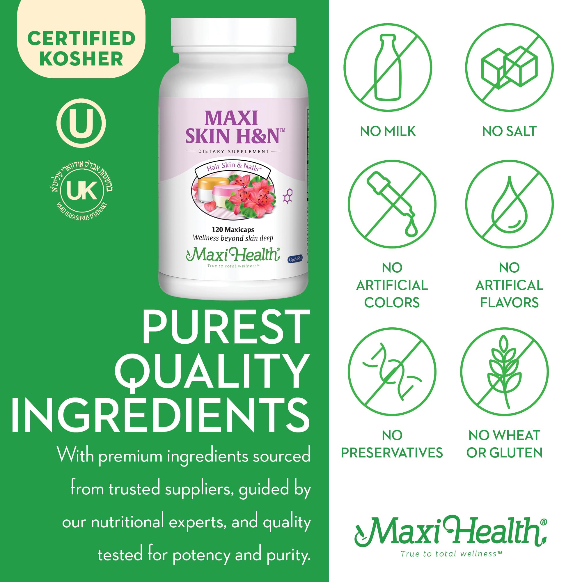 Maxi Health Silica capsules bottle supports nail strength and skin elasticity.