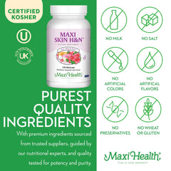 Maxi Health Silica capsules bottle supports nail strength and skin elasticity.