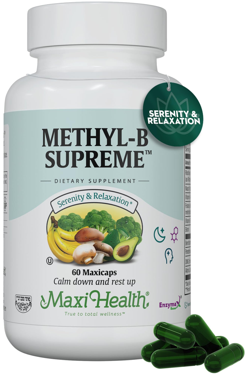 Maxi Health Stress B Complex bottle label highlights calm and focus benefits.
