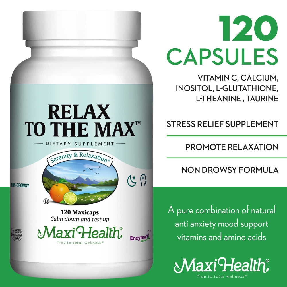 Maxi Health Stress Relief Formula jar label highlights all-natural ingredients