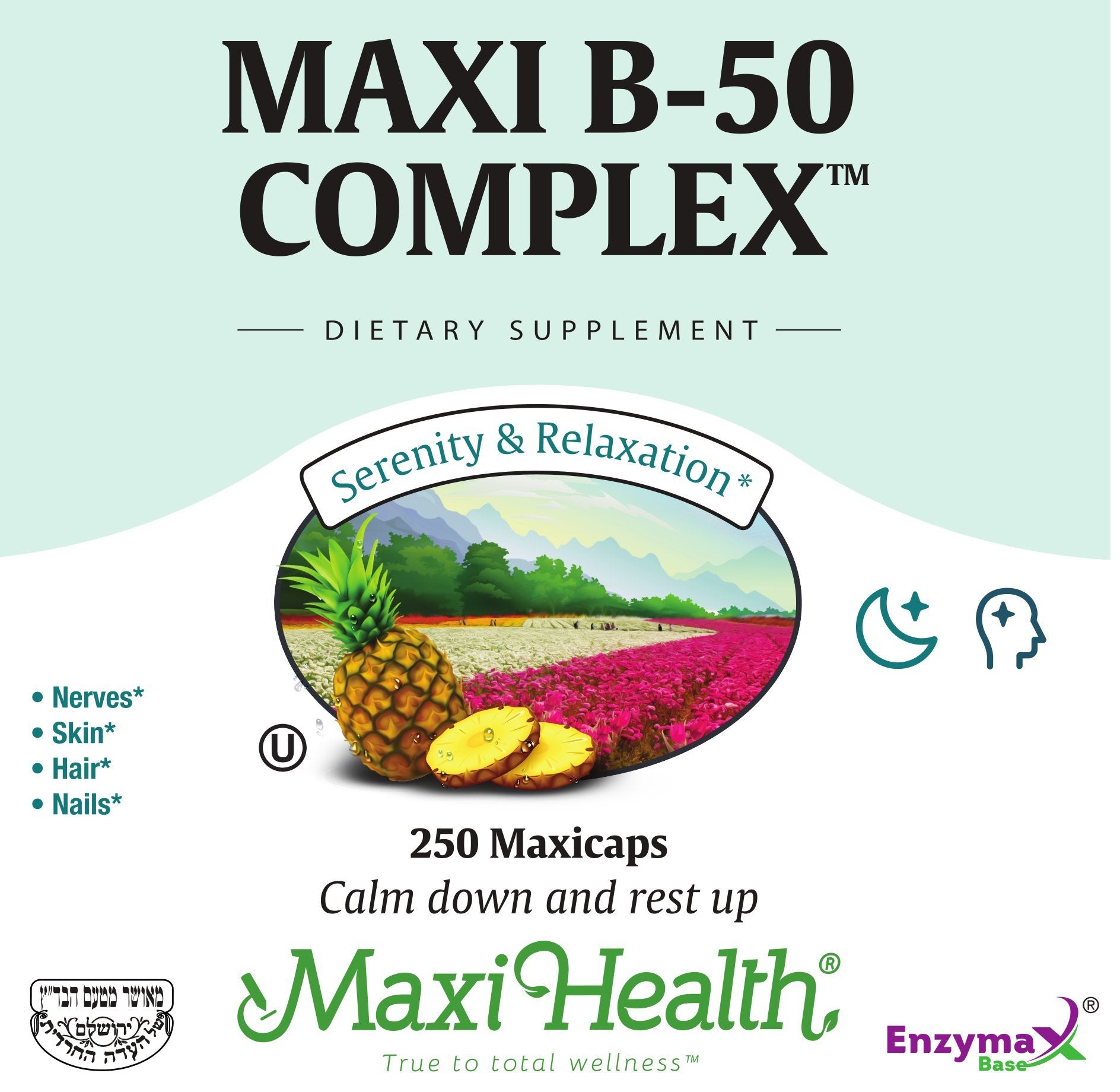 Ingredient panel of Maxi Health Stress Relief emphasizing comprehensive B vitamins
