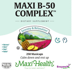 Ingredient panel of Maxi Health Stress Relief emphasizing comprehensive B vitamins