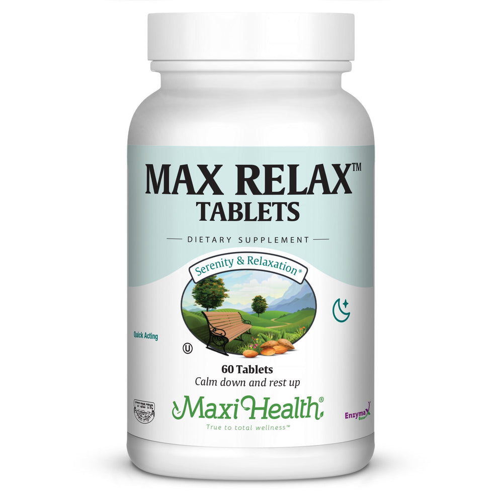 Maxi Health Stress Relief bottle with tablets for daily mood support.