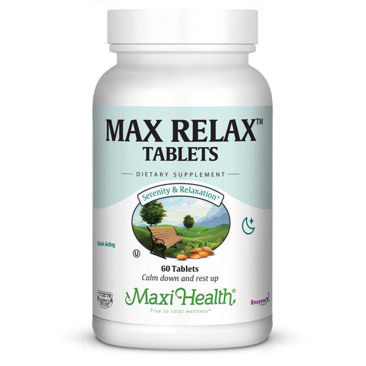 Maxi Health Stress Relief bottle with tablets for daily mood support.