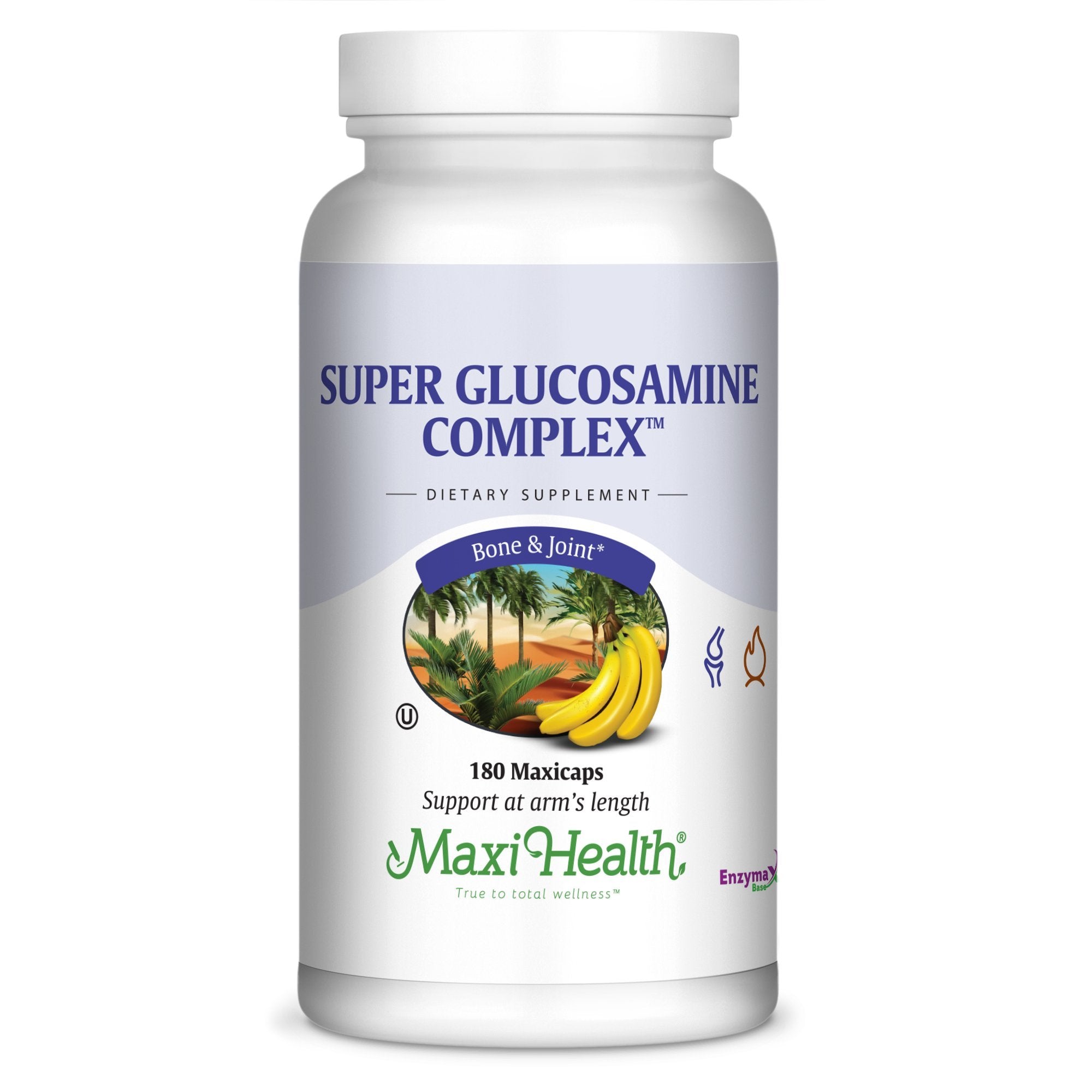 Maxi Health Super Glucosamine Complex bottle front with label and kosher certification.