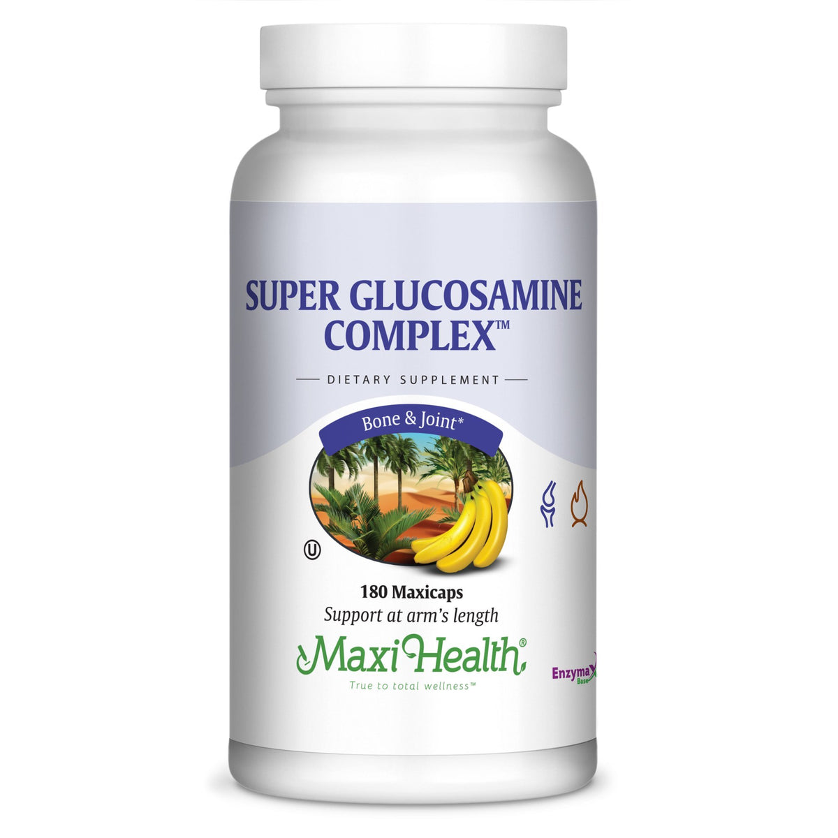 Maxi Health Super Glucosamine Complex bottle front with label and kosher certification.
