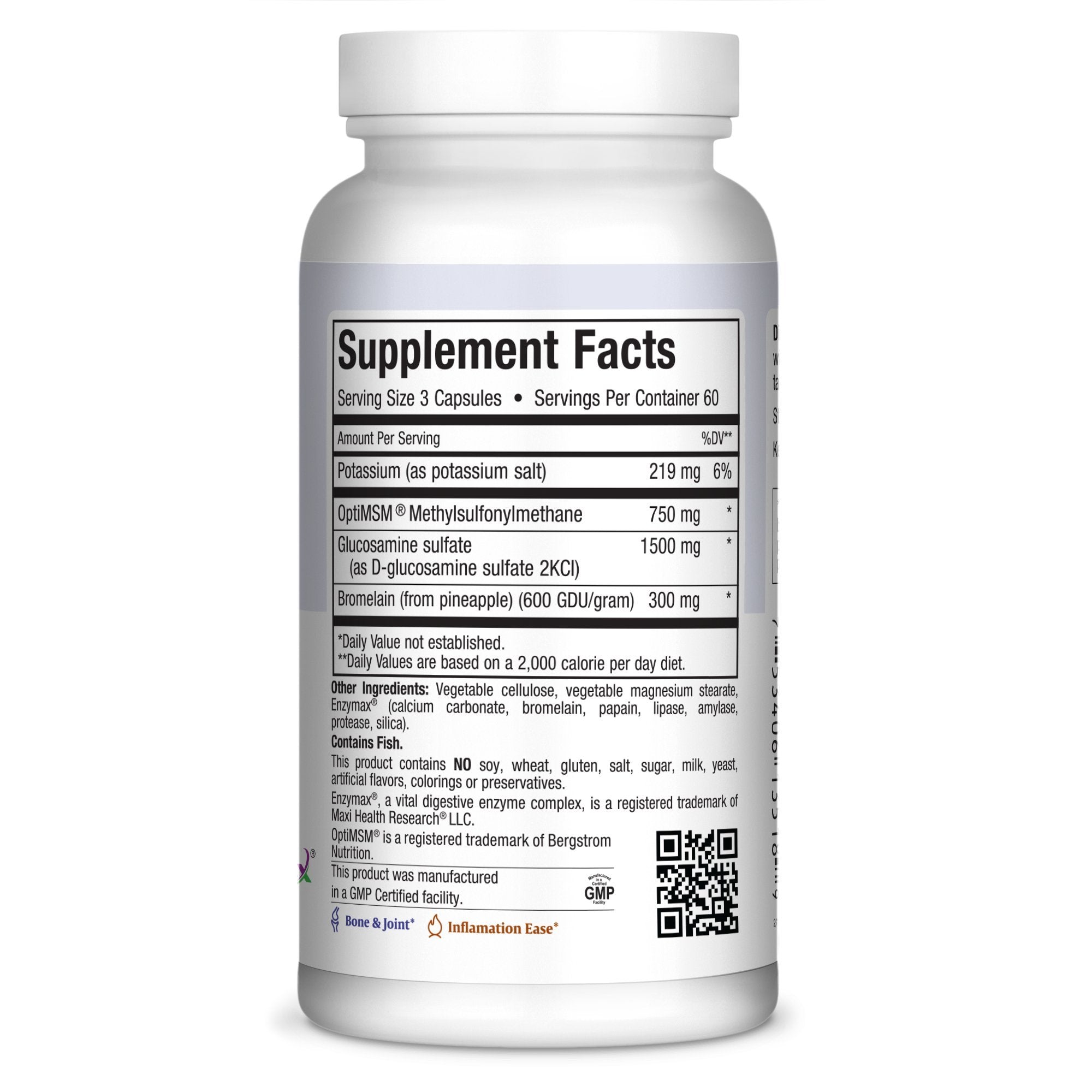 Maxi Health Super Glucosamine Complex bottle side view showing ingredients for joint support.