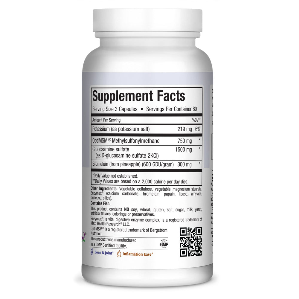 Maxi Health Super Glucosamine Complex bottle side view showing ingredients for joint support.