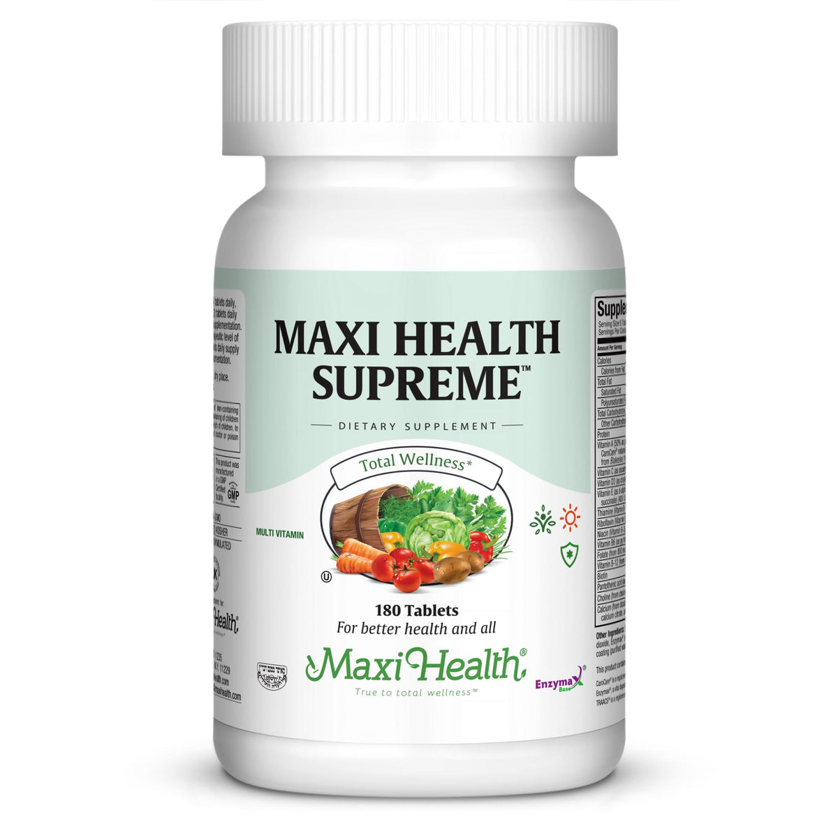 Maxi Health Supreme daily multivitamin bottle supports overall vitality