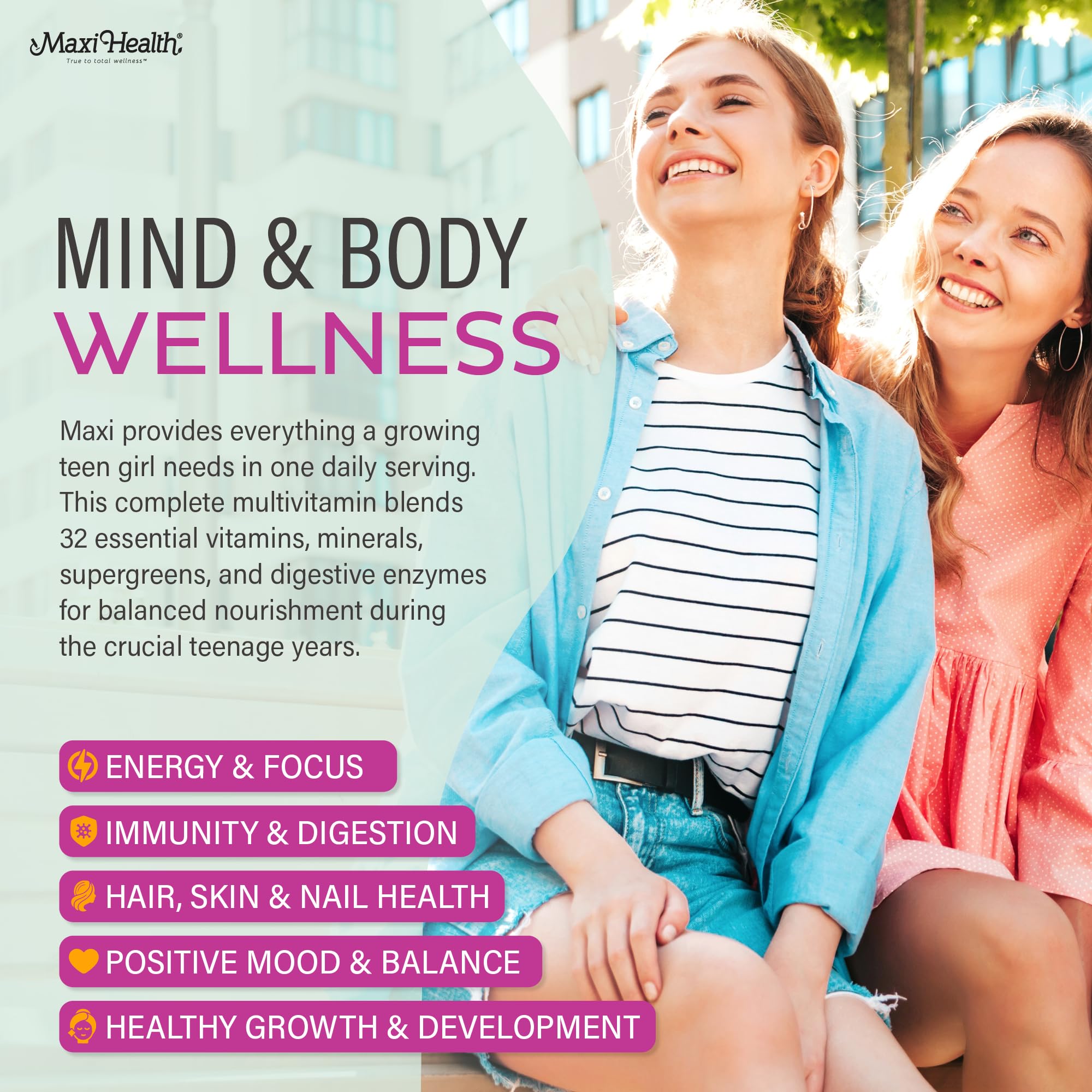 Maxi Health Teen Vitamins bottle with label view emphasizing 32 essential nutrients.